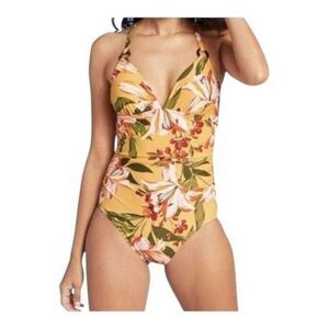 Kona Sol Swimwear One Piece High Coverage Yellow Tropical Floral Size M